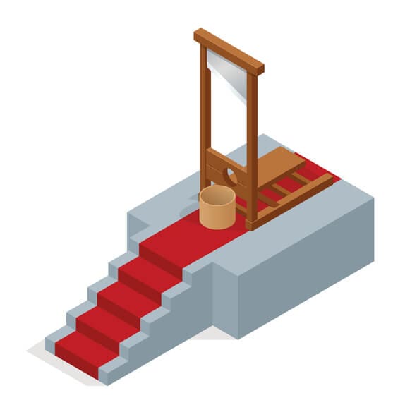 Isometric Guillotine vector Illustration. Ceremonial red carpet directing to a guillotine.