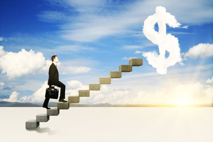Financial growth concept with businessman climbing ladder to abstract dollar sign cloud on sky background