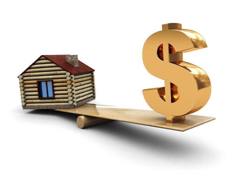 3d illustration of small house and dollar sign on scale