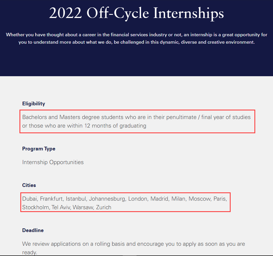 Goldman Sachs - Off-Cycle IB Internships