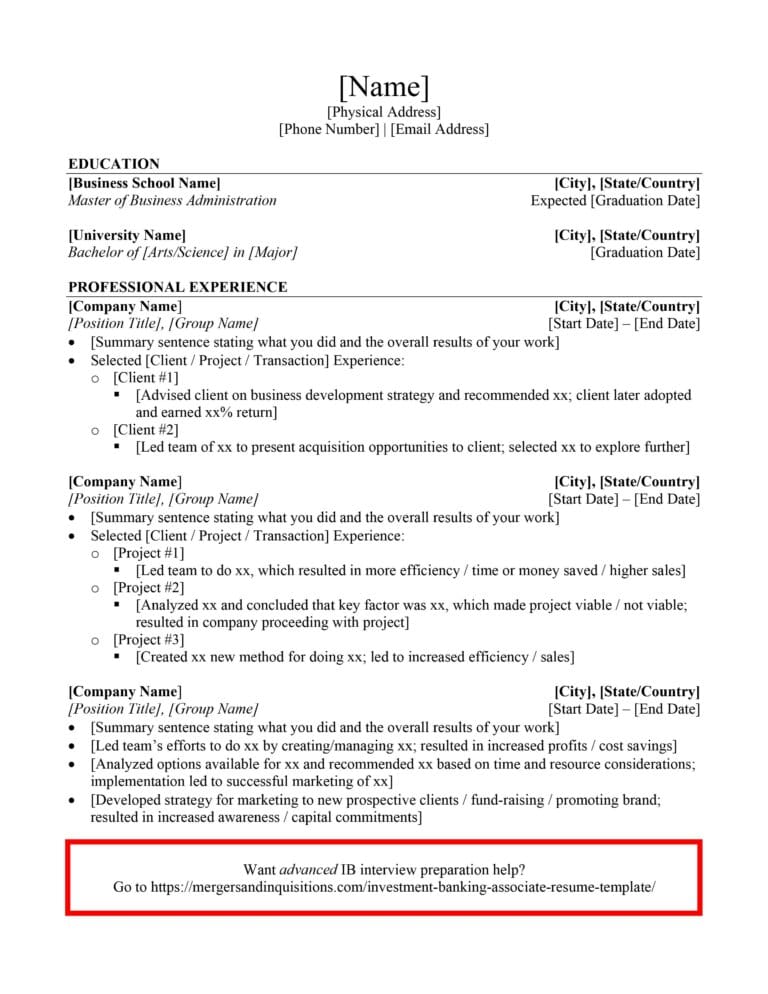 The Ideal Investment Banking Associate Resume Template M I