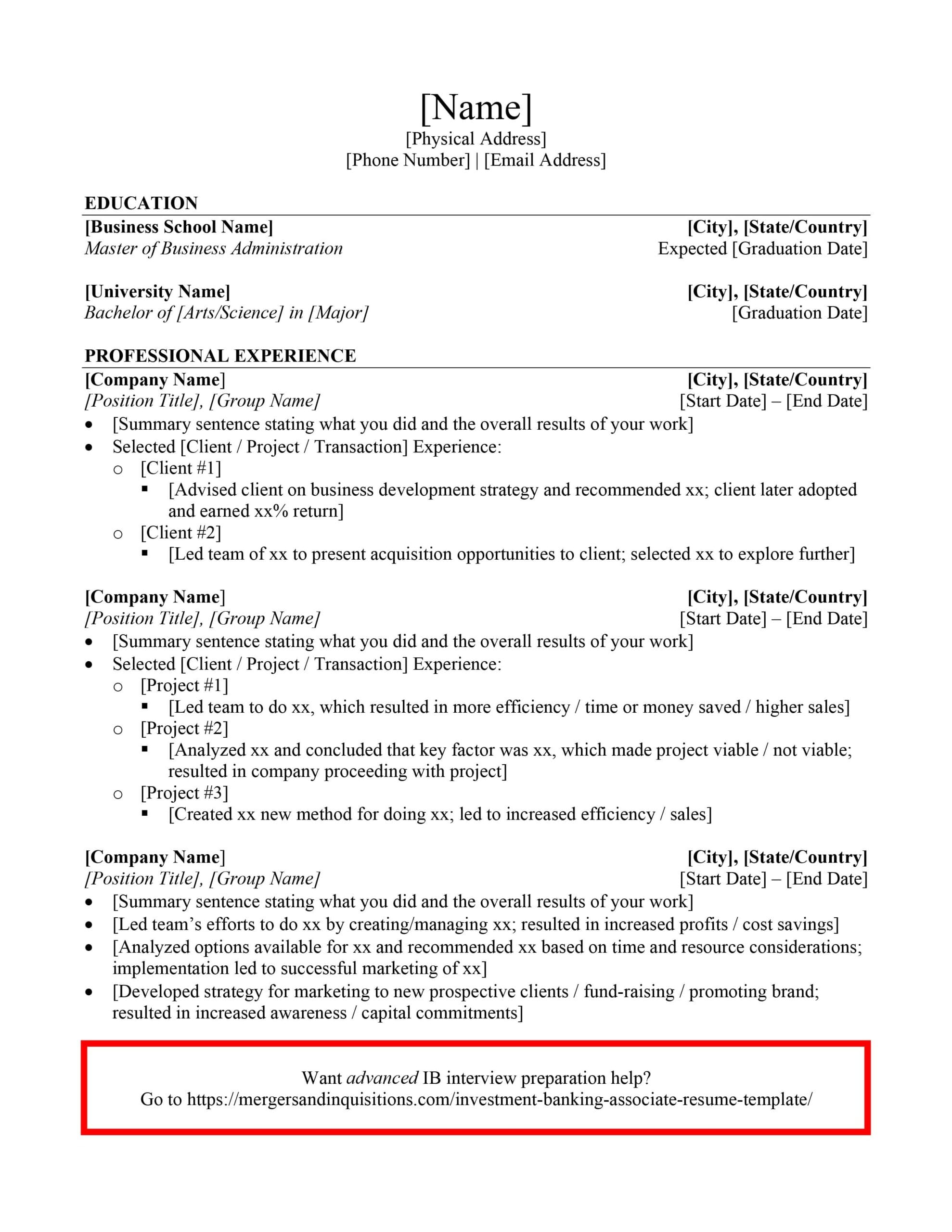 The Ideal Investment Banking Associate Resume Template M I